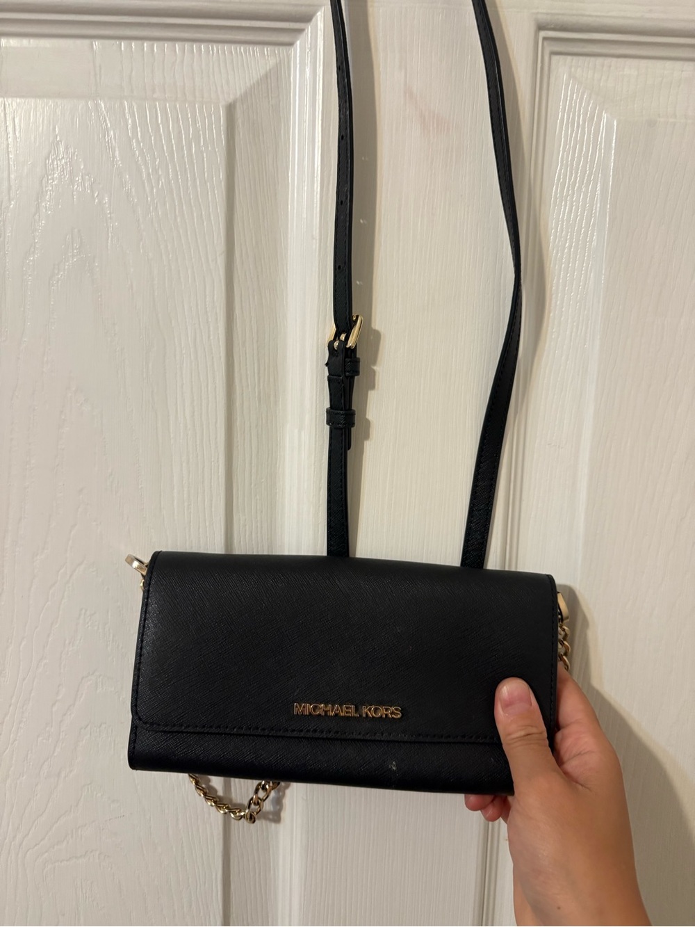 Michael Kors Black Leather Crossbody Wallet with Gold Chain Accents